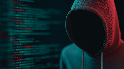 A mysterious hooded figure lurks in the shadows, against a backdrop of glowing binary code, creating an atmosphere of intrigue and digital danger.