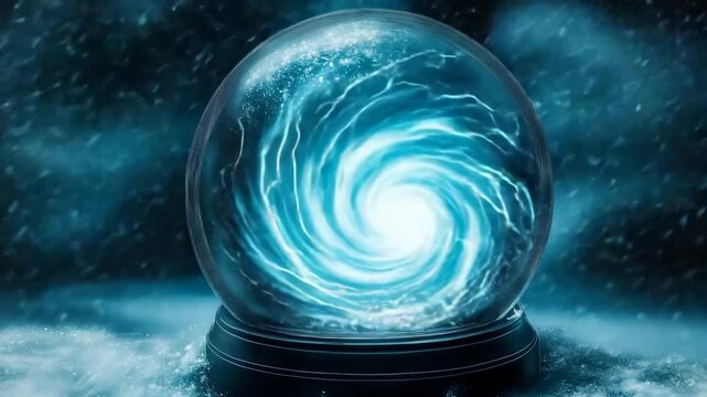 Swirling storm inside a snow globe with lightning illuminating the interior