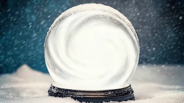 Swirling storm inside a snow globe with lightning illuminating the interior