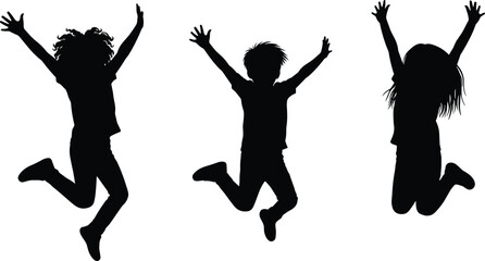 Jumping children silhouette set, joyful movement illustration, playful pose vector, energetic childhood theme, outdoor activity, freedom and fun