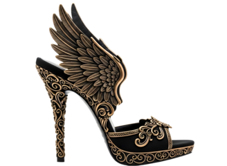 Highheeled black shoe with gold filigree and wing design isolated on transparent background