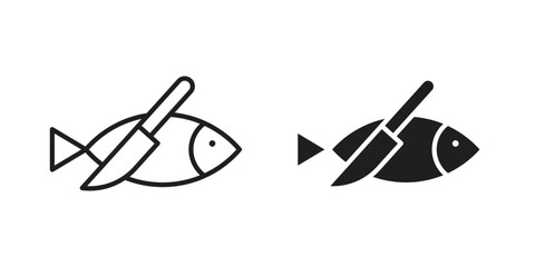 Fish and a knife icon element in flat simple style. Thin stroke editable icons