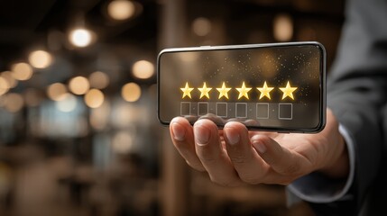 Businessman uses smartphone to complete customer satisfaction survey with star ratings and feedback fields, showing appreciation for good service