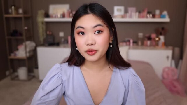A young woman giving a presentation in a cozy room. She is looking directly at the camera, conveying information and a calm atmosphere. Stock Video