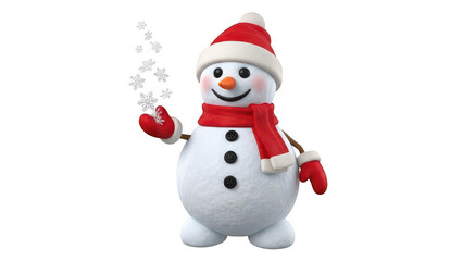Cute 3D Snowman Character Wearing Santa Hat Playing with Magic Snowflakes Isolated on White Background - Happy Winter Holiday Mascot