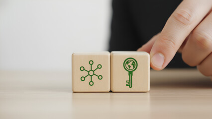 Science and global collaboration concept with wooden blocks &mdash; innovation and teamwork idea

