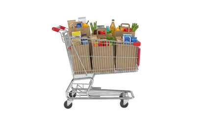 Shopping Cart Full of Groceries Isolated on White Background
