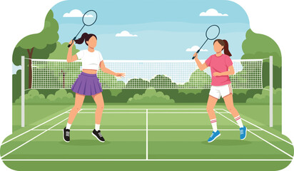Outdoor badminton match scene, two players rallying, green court with net, vector illustration, sports activity, nature background, athletic play