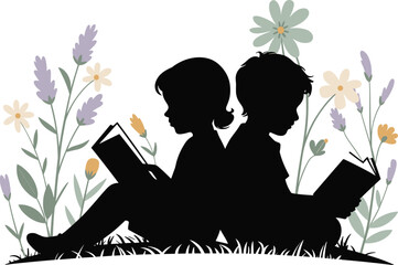 Silhouette children reading on grass, floral background, peaceful learning scene, vector illustration, educational nature theme, book and flower design