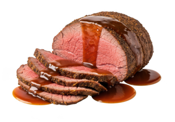 Succulent Roast Beef with Brown Gravy and Slices Isolated on White Background - Traditional Sunday Dinner Concept