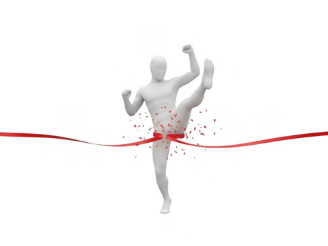 3d white figure breaking the finish line tape with a high kick, symbolizing victory, success, and achievement isolated on transparent background - Powered by Adobe