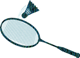 Stylized badminton racket and shuttlecock, abstract motion design, vector illustration, sports gear icon, digital athletic theme, game equipment graphic