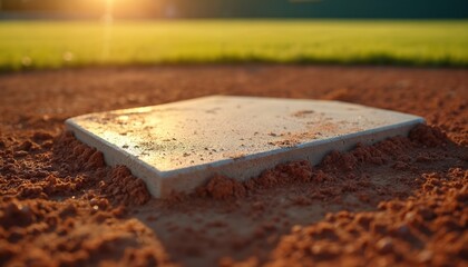 Baseball home plate rests on dirt infield, bathed in golden hour light. Green grass and outfield visible in soft focus background. Anticipation of game begins here.