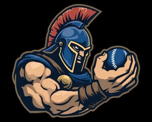 Fototapeta premium Spartan Baseball Mascot: Fierce Warrior Holding Ball for School League with Helmet and Strong Presence