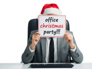 Businessman wearing santa hat hiding face behind sign that reads office christmas party, isolated on transparent background
