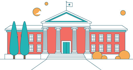 University building with flag and columns, academic institution vector illustration, red classical architecture, education symbol, college campus design
