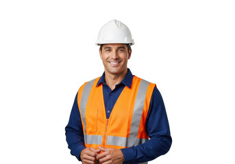Smiling construction worker in safety gear isolated on transparent background