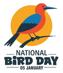 Red Bird on Branch National Bird Day January 5th on a White Background