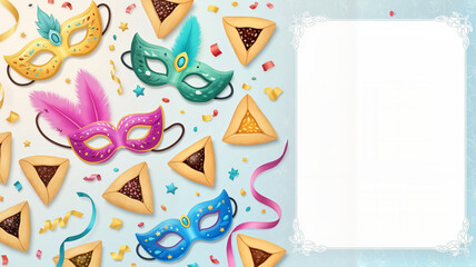 Colorful masks and triangular cookies decorated for celebration, Artistic card for Purim Holiday  