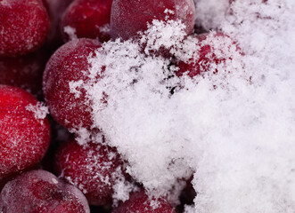 Close-up of frozen sour cherries covered in ice crystals