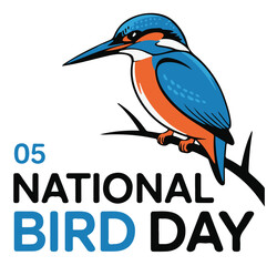 Blue Kingfisher Bird Perched on Branch Celebrating National Bird Day on a White Background