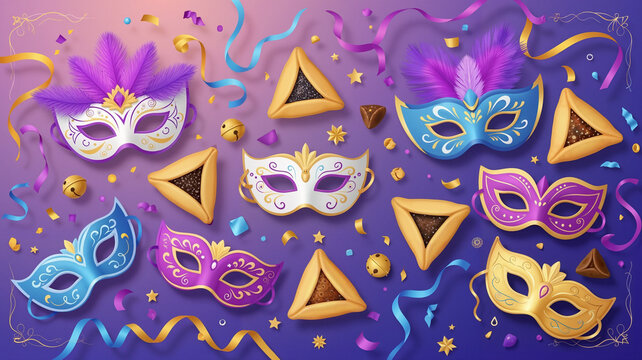 Colorful carnival masks and festive shapes on purple background,  Artistic card for Purim Holiday 