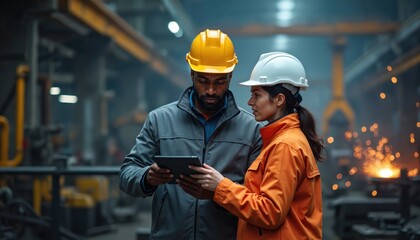 Two diverse engineers collaborate in a steel factory. They are wearing protective gear using a digital tablet. The specialists discuss tech in industrial manufacturing production at plant.