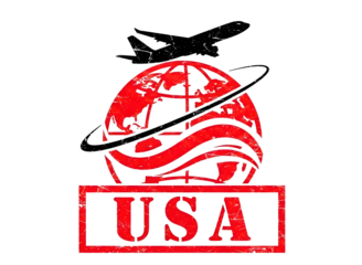 Vintage red usa stamp with airplane flying around globe on transparent background