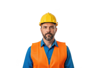 Construction worker in safety gear isolated on transparent background