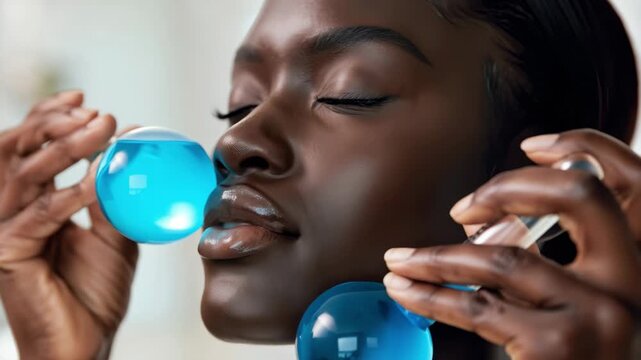 Facial massage with ice globes, cold therapy for de-puffing, skincare ritual for cooling effect, spa at home with glass tools, soothing relaxation technique, beauty and wellness care - Powered by Adobe
