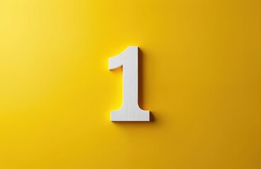 White number one made of wood sits on a bright yellow background. This graphic element represents the first position achievement or a primary choice.