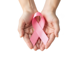 Pair of hands gently holding a pink ribbon symbol for breast cancer awareness isolated on transparent background