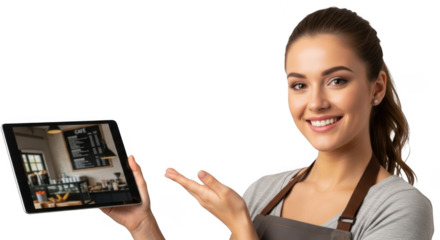 Smiling woman shows tablet displaying coffee shop interior