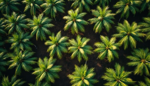 Top aerial view of a lush green coconut palm tree farm. Rich green canopy stretches across the frame. Rows of palm trees grow densely in a tropical landscape.
