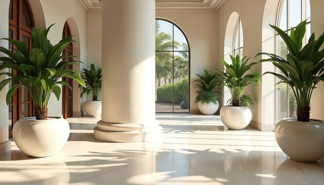Spacious interior hall with large potted plants and arched windows. White marble floor reflects natural light creating a bright airy atmosphere. Elegant building interior lobby design with greenery.