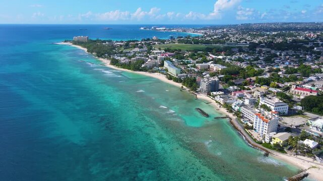 Hastings Beach aerial view at Hastings Rocks Park including Hotel Indigo at South Coast in village of Hastings, Christ Church, Barbados. 
