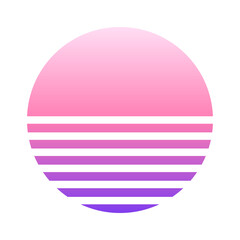 Vintage colorful sunset. Striped gradient sunrise badge in 80s and 90s style. Sun and ocean view, summer vibes, surfing. Design element for print, logo or t-shirt. Vector illustration