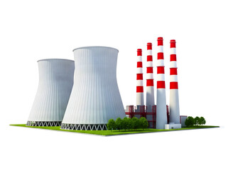 Cooling towers and smokestacks of a power plant on green grass isolated on transparent background