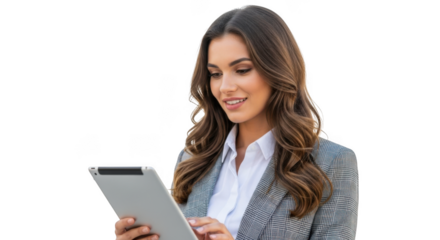 Businesswoman holding a tablet computer isolated on transparent background