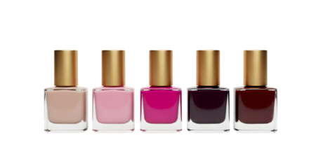 Collection of Five Perfume Bottles in Various Colors Isolated on transparent background