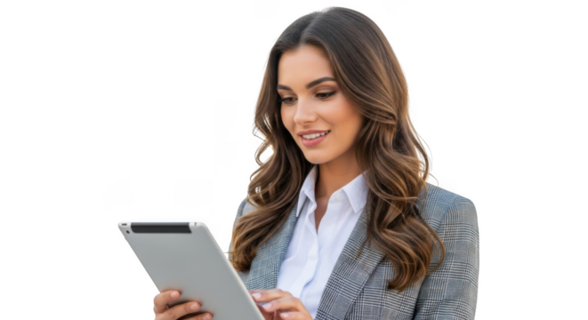 Businesswoman holding a tablet computer isolated on transparent background - Powered by Adobe