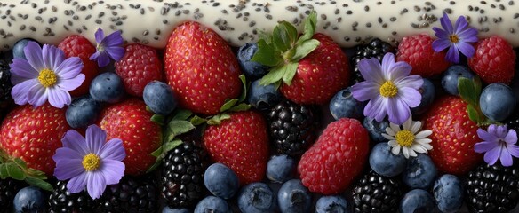 Fototapeta premium Vibrant blend of fresh berries seeds with smooth creamy toppings expertly layered.