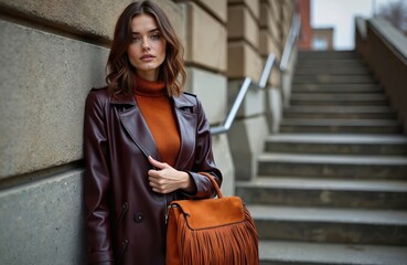 Woman wears maroon leather coat, orange turtleneck, holds tan suede fringe bag. Elegant fall fashion concept. Outdoors near stone wall with stairs. Looks confident and stylish.