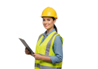 Engineer reviewing plans on tablet isolated on transparent background