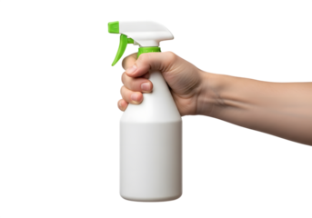 Hand Holding White Spray Bottle with Green Nozzle Isolated on transparent background
