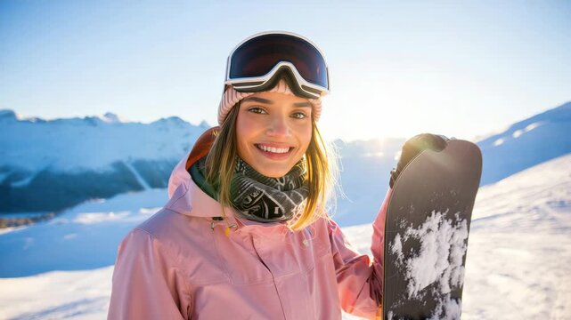 Young woman with snowboard enjoying winter sports in snowy mountain landscape under clear blue sky, wearing ski goggles and pink jacket, smiling in the sunlight on a bright winter day