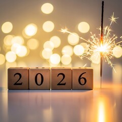 Wooden Blocks 2026 with Sparkler and Bokeh Lights new year