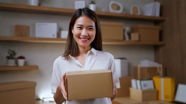 An asian woman is holding parcel in front of package shelves Stock Video