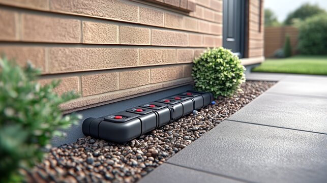 Exterior house wall with recessed electrical outlets in gravel bed