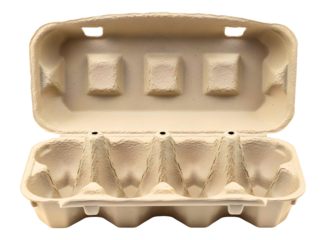 Open cardboard egg carton on transparent background for storing eggs safely